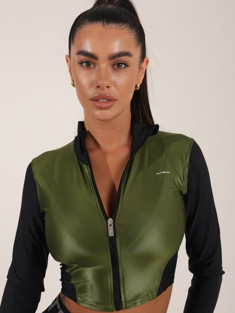 FITRUN Long Sleeve Cropped ZIP Top "Olive Blaze"