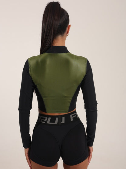 FITRUN Long Sleeve Cropped ZIP Top "Olive Blaze"