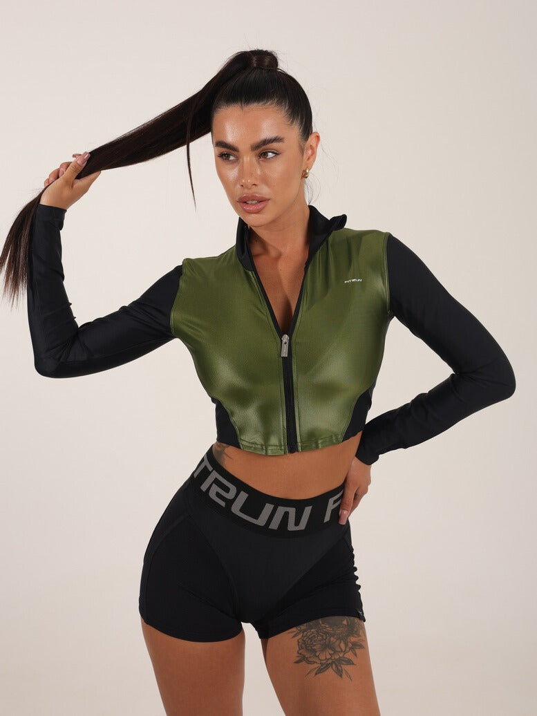FITRUN Long Sleeve Cropped ZIP Top "Olive Blaze"