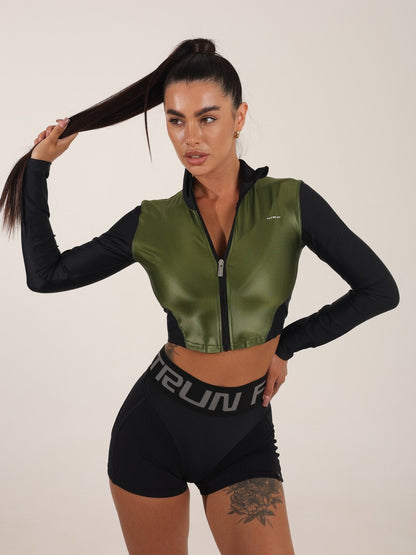 FITRUN Long Sleeve Cropped ZIP Top "Olive Blaze"