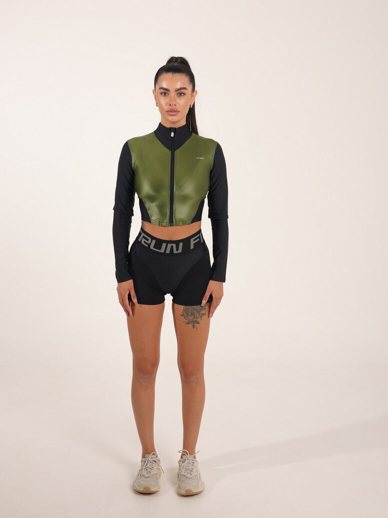 FITRUN Long Sleeve Cropped ZIP Top "Olive Blaze"