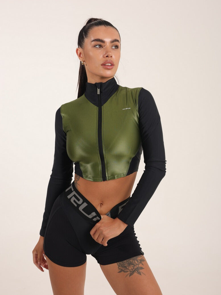 FITRUN Long Sleeve Cropped ZIP Top "Olive Blaze"