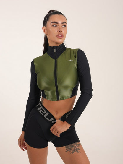 FITRUN Long Sleeve Cropped ZIP Top "Olive Blaze"