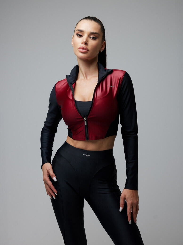 FITRUN Long Sleeve Cropped ZIP Top "Wine Blaze"