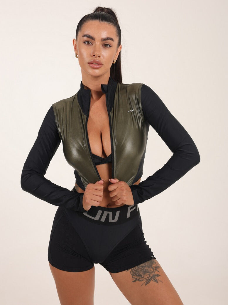 FITRUN Long Sleeve Cropped ZIP "Khaki Blaze"