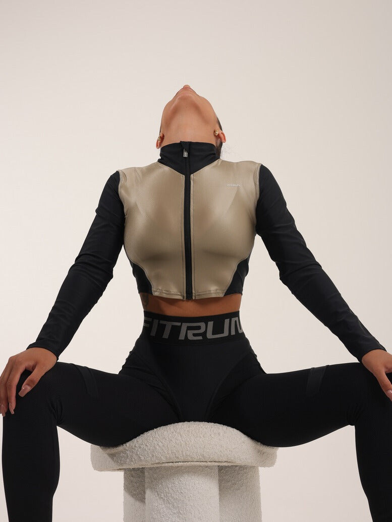 FITRUN Long Sleeve Cropped ZIP Top "Beige Blaze"