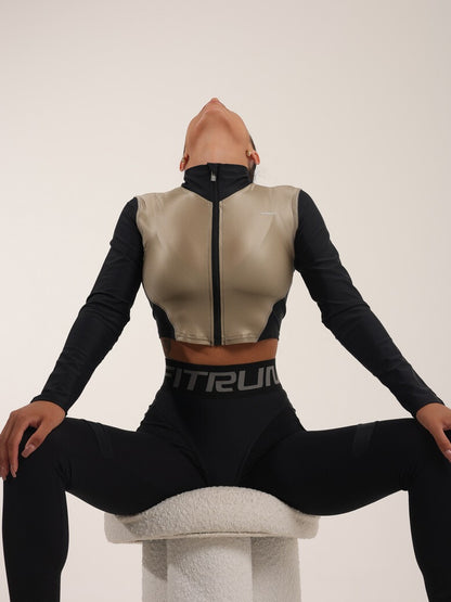 FITRUN Long Sleeve Cropped ZIP Top "Beige Blaze"