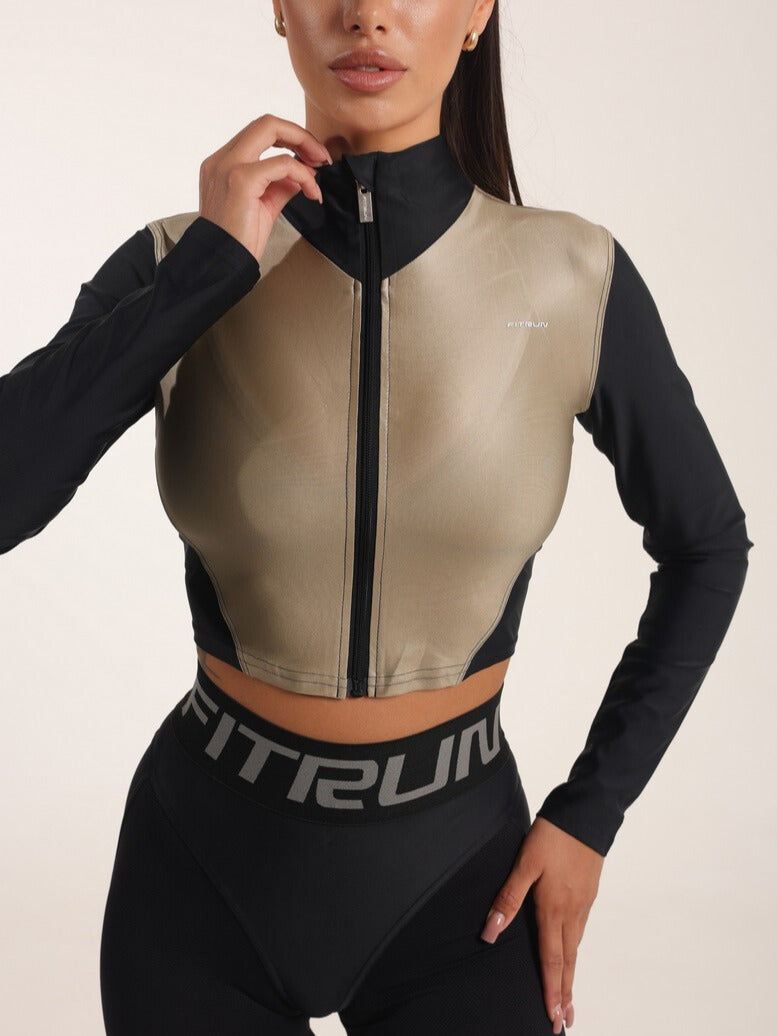 FITRUN Long Sleeve Cropped ZIP Top "Beige Blaze"