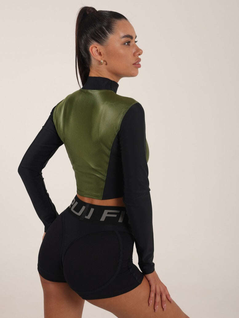 FITRUN Long Sleeve Cropped ZIP Top "Olive Blaze"