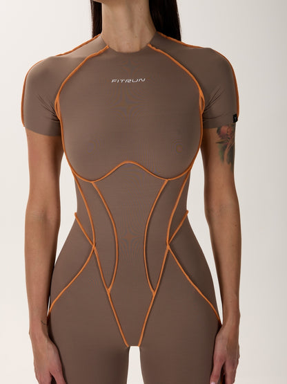 Salopetă FITRUN BodySuit Scurt Versa "Nisip VE Linie Portocalie"