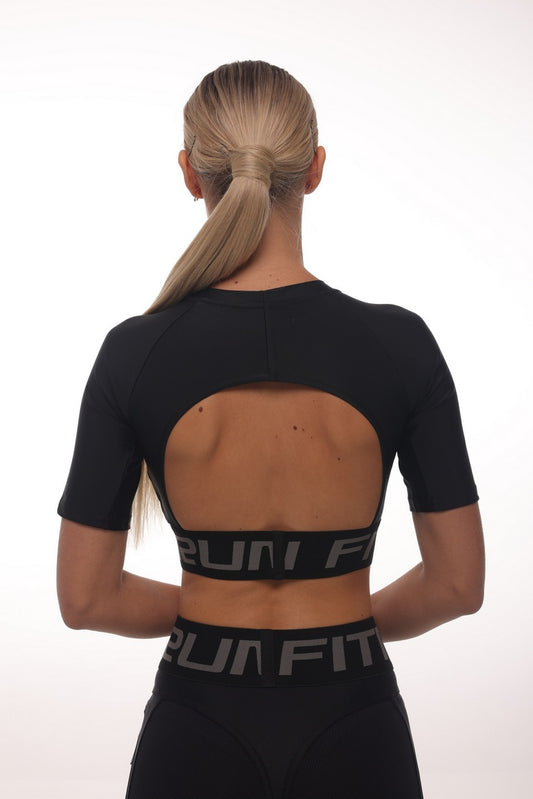 Shortened Rashguard FITRUN Rashguard T-shirt Open Back "Total Black"