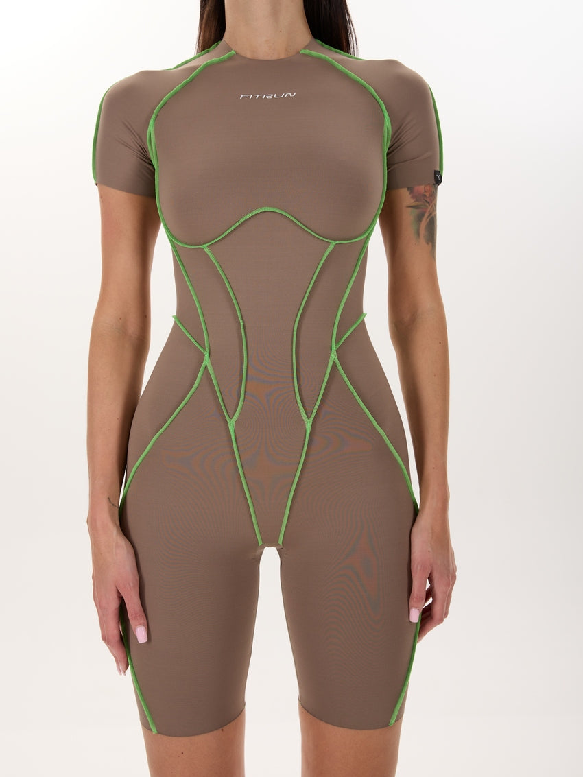 Jumpsuit FITRUN BodySuit Short Versa "Sand VE Neon Green Line"