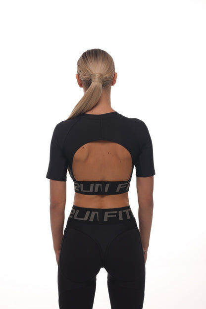 Shortened Rashguard FITRUN Rashguard T-shirt Open Back "Total Black"