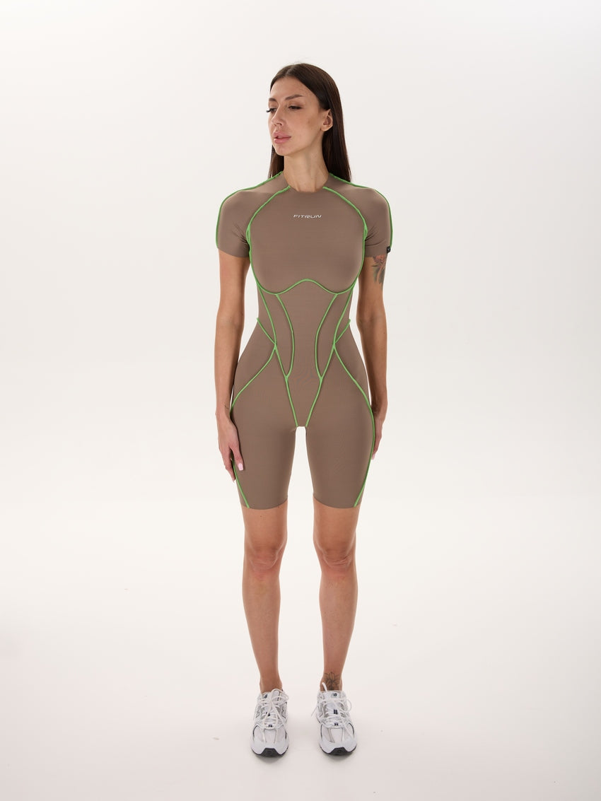 Jumpsuit FITRUN BodySuit Short Versa "Sand VE Neon Green Line"
