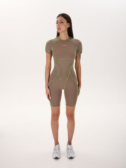 Jumpsuit FITRUN BodySuit Short Versa "Sand VE Neon Green Line"