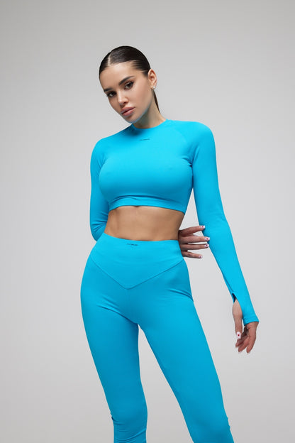 Long Sleeve Sports Crop Top FITRUN Rashguard CORE "Sky Blue Relief"